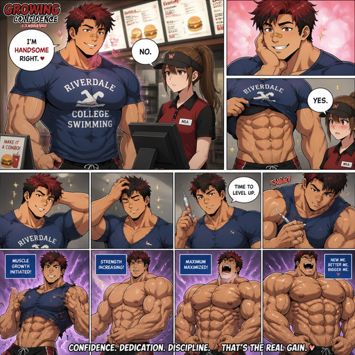 A Full page Anime Comic book story of a masculine and Bulky ANIME Cute Bara Man Who looks Normal and A Perfect physique and Huge arms and Pecs and American 20 year old with a round facial Structure and Basic facial structure With Puffy and Big Pecs that are visible through the shirt and Biceps and Bandaid on his nose. Wearing a College Swimming spirit shirt and swimming trunks and Dark Red Hair and Black Roots. At a fast food Place at the cash register flirting with the waitress at the cash register and saying I’m handsome right. And Making a DREAMY, CUTE and hot smile. She says no with a strait face. Then he holds the bottom of his shirt in his mouth showing his abs then she says yes. And He like to tussle his hair and he injects himself with a syringe and begins muscle growth