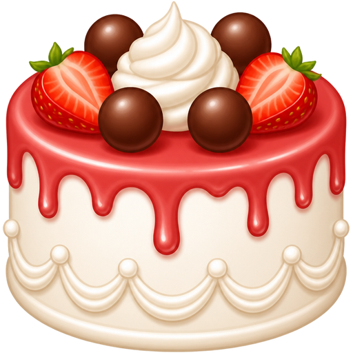White cake with strawberry dripping, and chocolate balls on top with some white pretty wavy line designs on the cake