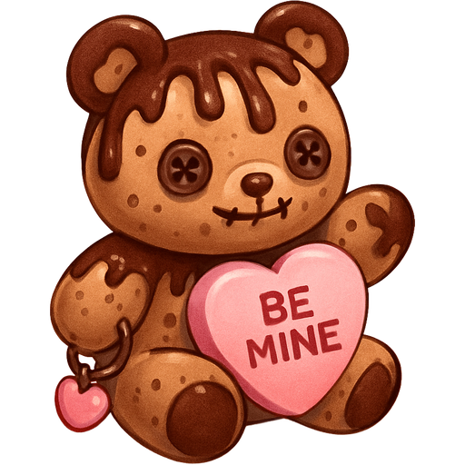 Chunky chocolate ice cream themed voodoo bear doll with a dark chocolate drizzle accents and is holding a big pink conversation heart and a matching charm bracelet as a Valentine’s Day set heart confetti glitter toy packaging isometric view