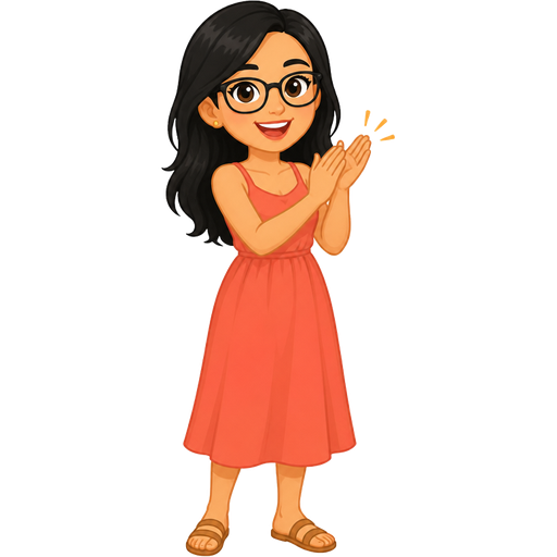 light tan girl with black hair and glasses wearing a plain coral red midi summer dress clapping in her hands