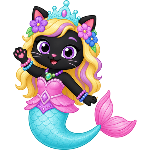 black cat with light yellow hair purple and blue flowers light cyan crown purple and green necklace pink and blue bracelets pink dress attached to long light cyan mermaid tail with pink tail fins based on parlo ( magic mixies cartoon)