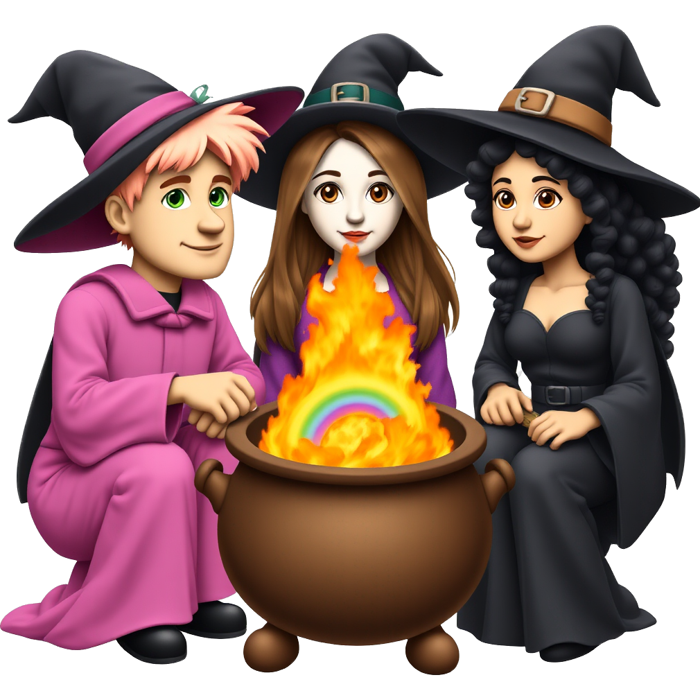 three witches around a rainbow flame in a cauldron, one is a man with strawberry blonde hair wearing pink with green eyes, one is a pale girl with brown eyes and brown long hair wearing purple, one is a tan girl with black curly hair wearing black