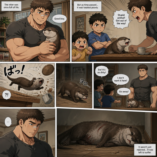 A DETAILED AND LIFELIKE ANIME Comic Book story view of a Bulky but Muscular ANIME Cute Bara Man With Peach toned skin Who looks Normal aind round facial Structure and Basic facial structure With Puffy and Big Pecs that are visible through the shirt and Biceps and Bandaid on his nose and Brown short hair that makes them look tough. Wearing normal With his pet Grown and healthy realistic otter who is Mistreated and 2 little brothers that are in different ages but young. Then the otter flys to the edge of the table. And limps back but is not wanted and lays on its side