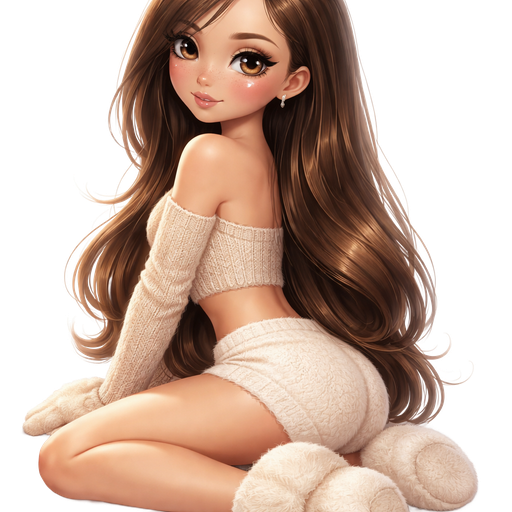 mini girl: back view sitting looking over shoulder with hair completely swept over shoulder: semi-realistic soft cartoon luxury glam, mini plush Bratz-doll aesthetic, cinematic glow, crisp clean detail, glossy glam skin. brown eyed Petite 5ft girl, fair skin with soft freckles, wide face with tall forehead, honey-brown almond wide-set upturned eyes, fluttery lashes, shimmer highlight, plush lips, bottom heavy lip, sweet Belle-princess vibe, long straight brunette hair with visible caramel highlights, side-part hair all swept to the side over shoulder softly defined feminine body, full round bust, dressed in a one-shoulder cropped knit sweater in warm oatmeal, ribbed texture hugging the arms, plush mini lounge shorts in soft cream with a fuzzy waistband, oversized fuzzy slippers in ivory. medium length hair, not too long. full body showing. Cozy romantic glow, soft warm lighting, pop-princess energy