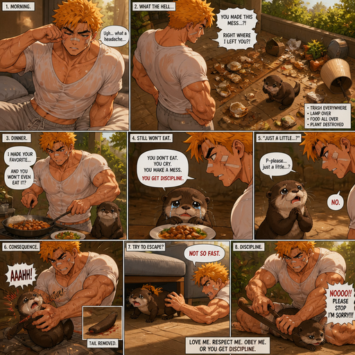 A Young Adult BARA CUTE that is Peach Toned skin not anything else MALE not to detailed Wit h bigger than average Pecs that are visible through the shirt and Biceps and a big Bandaid on his nose and Left Cheek and Right Eye brow with Scars all over his Chest and arms. Wearing a White Baggy Top that is tight around the waist and Athletic shirt drenched in sweat and Short and yellowish orange Hair and Bright Gold Fluffy Hair and Strait with brown eyes and black eyebrows with a Three finger Slash on his Eyebrow. With no Facial Hair. Waking up in the morning in pajamas and his pet otter Excessively bully’s it. And when he sees the otter make a mess everywhere right we’re he left him with trash around him and made a mess. He makes dinner and the Otter doesn’t even eat dinner and cries. And he Tips lamp over and Every food the otter doesn’t eat the Otter doesn’t even eat dinner and cries. And he Tips lamp over and Every food the otter doesn’t eat there are is discipline. and asks for some and the looses a tail and tries to run under the couch but stops him. And the otter Receives discipline that. All of this is outside