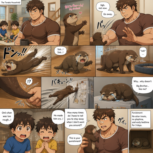 A DETAILED AND LIFELIKE with no glitches or smudged images ANIME Comic Book story view of a Bulky but Muscular ANIME Cute Bara Man With Peach toned skin Who looks Normal aind round facial Structure and Basic facial structure With Puffy and Big Pecs that are visible through the shirt and Biceps and Bandaid on his nose and Brown Fluffy and Strait hair. Wearing normal With his pet Grown and long and healthy otter and 2 little brothers. And they are in the house minding their businesses while the otter comes and tries to hug the older brother, but the older brother doesn’t like him, and the otter flies to the ground. The the otter Cries while looking at him while he slides on the ground, and then the otter limps to his doggy bed. but he feels a tug on his tail and flies to the fridge. And he lays there Crying while the big brother’s brothers are scared. And the otter Wishes that the big brother was better to him, and then the big brother disciplines him