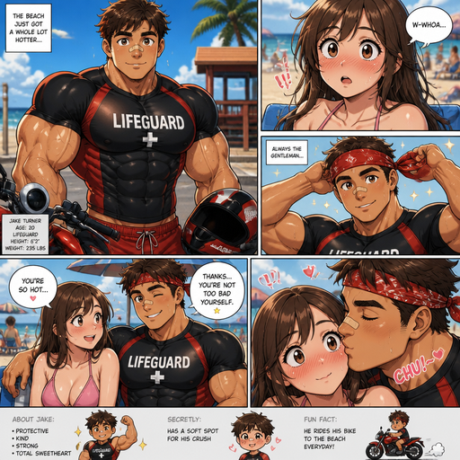 A Detailed ANIME COMIC BOOK of a Beefy and Bulky and Huge Beefy Pecs and Biceps and above average High schooler but Bulky and ANIME Cute Bara Big Bulky Beach Lifeguard Hunk Who looks Normal 20 year old American with a round facial Structure and ROUND and BASIC facial structure and No Facial Hair With Puffy and Big Pecs that are visible through the shirt and Biceps and Bandaid on his nose and slim and thin waist Wearing a Black and Red Swim shirt that is Tight around the waist. His crush Siting at the Beach he Pulls up in a Motorcycle and Drenched in sweat store with his Crush shocked and blushing while looking at him, as a man he acts like a gentleman and ties the Bandana around his head, looking Dreamy and Cute. And then he sits by her and she says your so hot and he says thanks your not to bad yourself and winks at her and then kisses her on the cheek