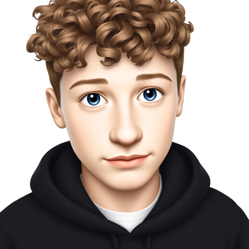 white 17 year old boy with curly hair and a wide nose with big lips and blue eyes wearing a black hoodie