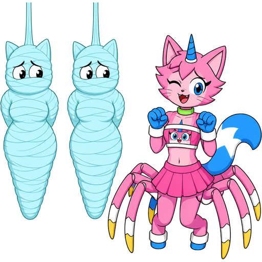cartoon network version wrapped up and mummified fully covered in a #B8FFFF spider slik cocoon shaped like anthro female cat anthro worried arms behind back with #B8FFFF spider slik wrappings completely covered with thick layers non-transparent #B8FFFF spider slik wrappings hanged to the ceiling on the left side next to wrapped up and mummified fully covered in a #B8FFFF spider slik cocoon shaped like anthro female cat anthro worried arms behind back with #B8FFFF spider slik wrappings completely covered with thick layers non-transparent #B8FFFF spider slik wrappings hanged to the ceiling the left side next to happy anthro femboy pink cat drider with blue and white tail white wrists blue hands white ankles yellow tips on spider legs green collar blue unicorn horn wearing femboy clothing based on unikitty