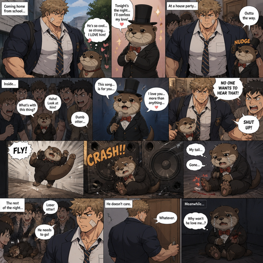 A Lifelike and Detailed Comic book story about of a Bulky and Beefy and every Muscle is bigger than average and less shredded or muscular with Chunky and Bulky chest and Biceps and his defined abs ANIME Cute Bara Man American 20 year old with a ROUND and BASIC facial structure and Young Adult BARA CUTE that is Peach Toned skin not anything else MALE not to detailed With bigger than average Pecs that are visible through the shirt and Biceps but slim and Athletic Lower body that makes have a V-Tapper Lower Body and a big Bandaid on his nose and Left Cheek and Right Eye brow with Scars all over his Chest and arms. Wearing a no piercings Wearing a baggy School Uniform and tie with Blazar and Pants and yellowish Brown Hair and Bright Light Brown fluffy Hair and Strait with brown eyes and black eyebrows with a Three finger Slash on his Eyebrow. With no Facial Hair. Coming home from School with his Pet Otter that has a Collar and has a Huge Crush on him but he doesn’t like the otter back, at a House party they the otter is dressed in a suit and top hat. And hey nudges the otter out of the way to get to the front door and when they get in they all bully the otter. And the otter want to sing karaoke love song for him but he doesn’t like it and the otter is thrown at the speakers and the speakers fall. And the otter looses his tail