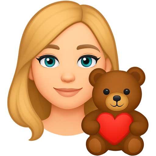 Create me please an emoji where will be the girl wilth blond hair(airtouch) , green-blue eyes. She has 22 years old. She is holding the beat toy which holding the mini heart in his bears paws. This an emoji will be for my boyfriend