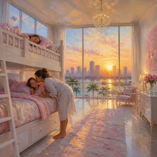 give me a mom waking up her nine year-old twin daughters and they’re sleeping in a bunkbed and she’s waking them up with a kiss on the cheek and the room is so so big with a Miami sunrise city view