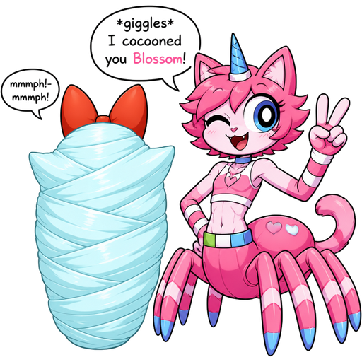 wrapped up and mummified fully covered in a #B8FFFF spider slik cocoon shaped like blossom for powerpuff girls behind back with #B8FFFF spider slik wrappings completely covered with thick layers non-transparent #B8FFFF spider slik wrappings mmmph!-mmmph! next to a happy anthro femboy pink cat drider doing victory sign based on unikitty *giggles* I cocooned you blossom!