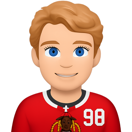 Connor bedard hockey player 98 very fit with blonde fluffy hair and blue eyes and is Canadian plays for Chicago Blackhawks which is like an Egyptian face type logo and colour jersey is red