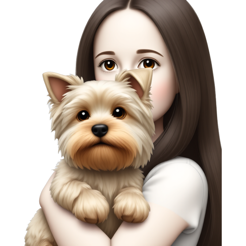 "A pale girl with black eyes and long dark brown hair, gently holding a Yorkshire Terrier, dreamy pastel background."