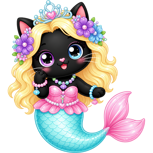 black cat with light yellow hair purple and blue flowers light cyan crown purple and green necklace pink and blue bracelets pink dress attached to long light cyan mermaid tail with white highlights with pink tail fins with white highlights stock illustration cartoon clipart