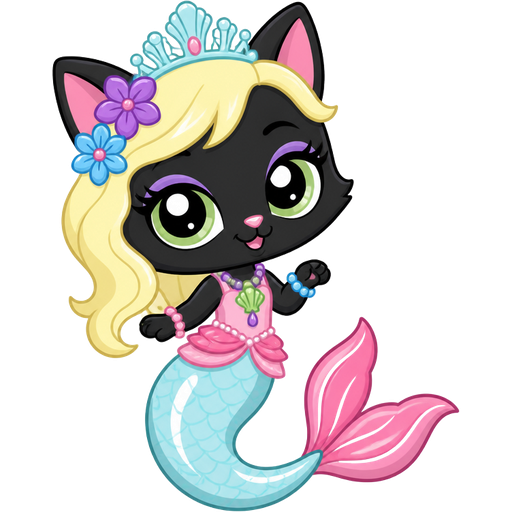 black cat with light yellow hair purple and blue flowers light cyan crown purple and green necklace pink and blue bracelets pink dress attached to long light cyan mermaid tail with white highlights with pink tail fins with white highlights (Hasbro brand new littlest pet shop tv series)