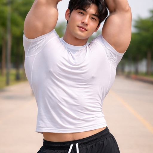 A Real life Full Body Image of a Hunky and Muscular, Cute, Handsome and Masculine and Round faced Korean with Black Parted hair and Brown eyes and with Chunky Arms and Pecs and Very Stocky Body. Wearing A Tight Athletic Shirt that is short around the waist. Sunburned under his eyes. Stretching with his arms pointing up