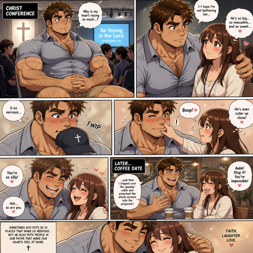 A ANIME Comic Book STORY of a Bulky but big and Bulky ANIME Cute Bara Man With Peach toned skin Who looks Normal and a huge and Masculine round facial Structure and Basic facial structure With Puffy and Big Pecs that are visible through the shirt and Biceps and Bandaid on his nose and Brown Spiky hair. Wearing a collard shirt and short shorts with and has a Hairy body and looks very manly with a chain. In A chair at a Christian conference and doesn‘t have A chain. And he gets nervouse and anxiuose puts his hand around her shoulder and he sweats like crazy she likes how manly he is and he takes off his hat in his mouth an he looks Attractive. And cheekly take the hat and boops his nose and they giggle close. And he Takes her to coffee and he makes her laugh
