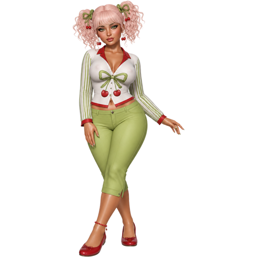 Cherry Cuddler With a Fair-Light Warm Sand Skin Tone and a Heart Lip Shape with a Bridget Eyelash Set Up and a Mauve Matte Lipstick Finish with a Subtle Green Eyeshadow and a Upward Eyebrow Shape with a Hooded Eye Shape and a Diamond Face Shape with a Pale-Pink White Curly Frizzy Short Two Ponytail Hairstyle with the Ties Being Green with Cherries at the Ends of it including Bangs Wearing a White Long Sleeved Dress Shirt with the Neck-Lining Being Red and the Center of the Shirt is a Green Printed Bow with Cherry on the Ends of it and the Sleeves are White and Green Stripes with the lining of the Very Start of the Sleeves Being Red and the Trimming at the Bottom of the Shirt is also Red Wearing Lime Green Capri Jeans out Wearing a Red Pearl Ankle Bracelet on her Left Foot and Wearing Red Flats with a Luminous Glazed Complexion And a 3D Naturalistic Animation and a Mature Adult Curvy Toned Build with a Luxury Glossy and Refined Pristine Set Up with a Theatrical Appearance