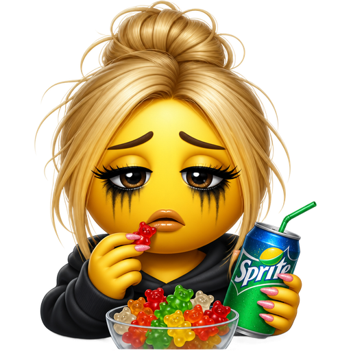 Depressed girl, blonde hair mascara smeared under her eyes, yellow circle for a face thick eyelashes lip gloss on nails on eating, gummy bears, and drinking Sprite and a messy bun