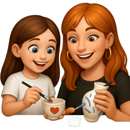 two girls (one brown long hair blue eyes 10 years old wearing a white shirt / one ginger long hair with middle part and side bangs and brown eyes 27 years old wearing gold hoop earrings and a black shirt) painting ceramics and having fun