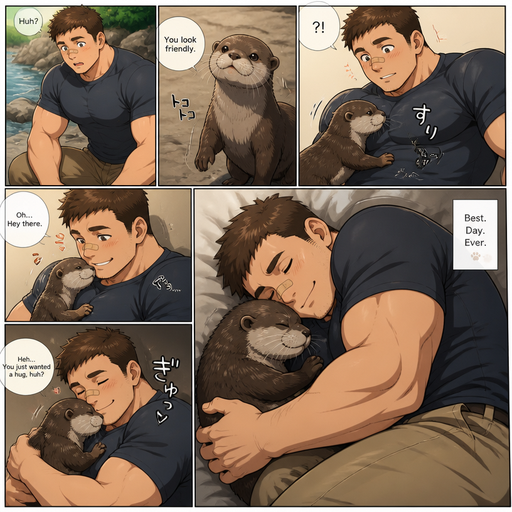 A DETAILED AND LIFELIKE ANIME Comic Book story view of a Bulky but Muscular ANIME Cute Bara Man With Peach toned skin Who looks Normal aind round facial Structure and Basic facial structure With Puffy and Big Pecs that are visible through the shirt and Biceps and Bandaid on his nose and Brown short hair. Wearing normal clothes. And an otter comes and Cuddles him and They ball up and Hug.