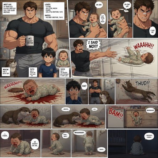 A DETAILED AND LIFELIKE LONG Anime Comic Book story view of a Bulky but Muscular ANIME Cute Bara Man With Peach toned skin Who looks Normal aind round facial Structure and Basic facial structure With Puffy and Big Pecs that are visible through the shirt and Biceps and Bandaid on his nose and Brown short hair that makes them look tough. Wearing normal With his pet Grown and healthy realistic otter and 2 little brothers that are in different ages but young. he hates the baby but not the other brother and the baby flies to the floor from him, and red comes from the baby’s nose and all around the floor with cute pajamas and the baby knows he doesn’t like him. and the otter gets sad, but the otter flies to the wall too from him and lays there and weakly crawl to the baby and they lay together and the newborn baby is scared and the baby flies at the cabinets in the kitchen and then is on his knees on the floor and the baby waddles to his room, crying
