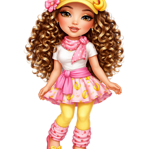Banana Candy with a Fair-Light Warm Golden Natural Skin Tone with a Smear Lip Shape and a Dream Chaser Eyelash Set Up With a Fudge Brownie Lipstick Finish with a Soft Golden Yellow Eyeshadow Look with a Upward Eyebrow Shape and Close Set Eyes along with a Oval Face Shape and Wearing a Yellow Cap Hat with a Pink Ribbon and Red Polka Dots in the Middle and a Banana on the Left Side and a Pink Flower Clip on Top of it With Long Tight Curly Brown with Blonde Highlights Wearing a White T-Shirt and Pink Tie Around Her Waist With a Pink Skirt and a Banana Pattern Print going across it also Furthering that She is Wearing a Pink Scarf With Red Polka Dots and with Yellow Yoga Pants and Short Pink Sock Warmers with Red Polka Dots and Pink Flats with Yellow Bows on the Top Adding a Mature Adult Toned Build and Luxury Glossy