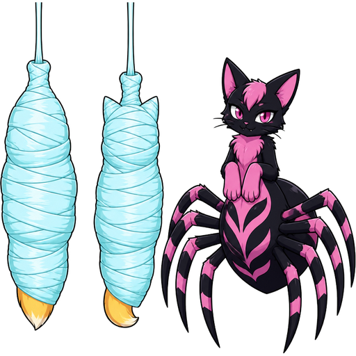 #B8FFFF spider slik cocoon #B8FFFF mummified completely covered anthro yellow fox shaped cocoon hanged upside down ears completely covered next to #B8FFFF spider slik cocoon #B8FFFF mummified completely covered anthro yellow cat shaped cocoon hanged upside down ears completely covered next to pink and black cat drider hybrid