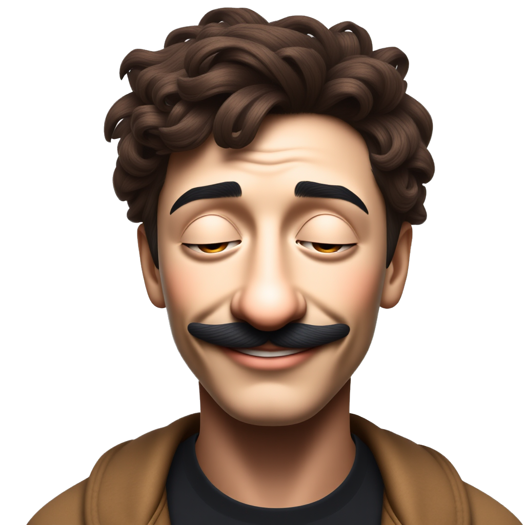 A young man with a long face, a straight nose, sleepy eyes, a mustache on a smiling face, and curly hair.