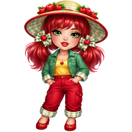 Apple Dumpling From Strawberry Shortcake with a Fair-Light Neutral Buff Skin Tone With a Heart Lip Shape and a Babydoll Eyelash Set Up With a Purple-Red Lipstick Look and A Burgundy Eyeshadow with a S-Shaped Eyebrow and a Prominent Eye-shape and a Oblong Face Shape Wearing a Pale Yellow Brimmed Hat with Apples Surrounding the top of it With the Brim being Red and the inside of it being White and Green Plaid With a Soft Autumn Red Hair and Pink Highlights in a Short Hair Style including Bangs Tied Up in Two Ponytails With the Bows being White and Green Stripes with an Apple in the Middle Wearing a Yellow T-Shirt With a Short Green Jean Jacket Wearing Red Pants With Two Pockets on Each Side with The Bottom of the pants being yellow and When it’s Rolled up it’s White and Green Plaid and the Shoes are Red Flats with a Mature Adult Toned Build with Vivid and 3D Distinct Features and High Visual Textures in a Soft 4K Intense Polished Shine