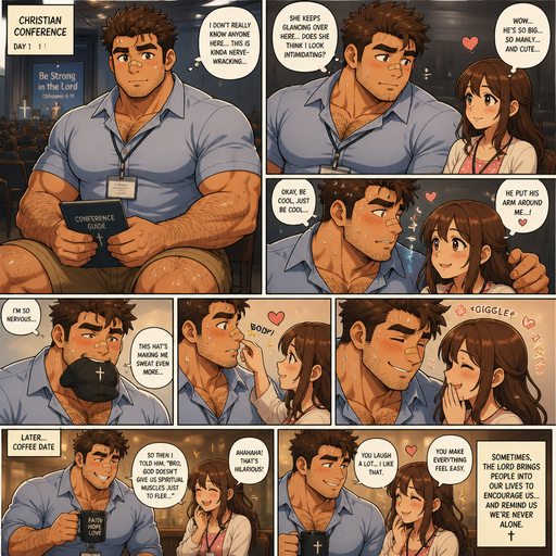 A ANIME Comic Book STORY of a Bulky but big and Bulky ANIME Cute Bara Man With Peach toned skin Who looks Normal and a huge and Masculine round facial Structure and Basic facial structure With Puffy and Big Pecs that are visible through the shirt and Biceps and Bandaid on his nose and Brown Spiky hair. Wearing a collard shirt and short shorts with and has a Hairy body and looks very manly with a chain. In A chair at a Christian conference and doesn‘t have A chain. And he gets nervouse and anxiuose puts his hand around her shoulder and he sweats like crazy she likes how manly he is and he takes off his hat in his mouth an he looks Attractive. And cheekly take the hat and boops his nose and they giggle close. And he Takes her to coffee and he makes her laugh
