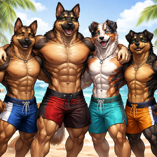 A Full Body and Facial Image of a Hunky and Chunky a Very Hot and Handsome German Shepard mixed with a Australian Shepard bara furry who is a Extremely muscular and Extremely big Body features and Ginormous Pecs and Chest Masculine and Handsome and Ginormous Arms and a Rounded Pecs very Short Strait Hair but tall and slightly lean. Both in Collared Shorts with his 3 Brothers With his arm around them holding there hands at the beach