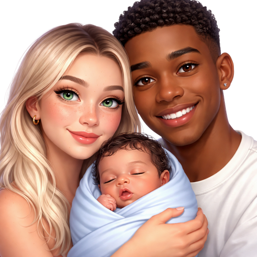 20 year old female with icy blonde dark roots green eyes freckles having a baby with a 23 year old black man with brown eyes very short curly hair no facial hair