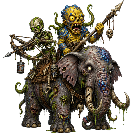 slime covered skeleton holding a crossbow made out of junk and mutant yellow zombie with blue infection and green tentacles holding a boney spear riding on a mutant elephant