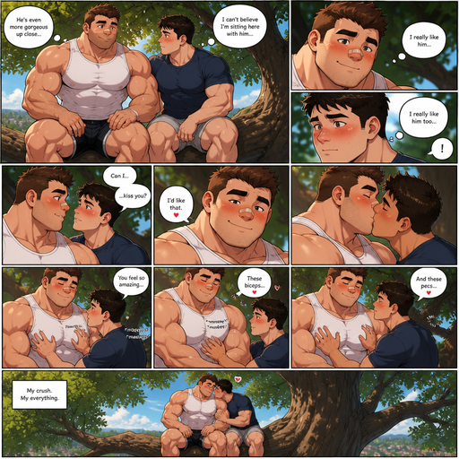 A Full Body anime comic book story of a Bulky but Muscular ANIME CUTE and IRRESISTIBLE Bara Man Who looks Normal and American with a round facial Structure and Basic facial structure With Puffy and Big Pecs that are visible through the shirt and Biceps and Bandaid on his nose. Wearing a white sleeveless shirt and shorts. Both Siting on tree with his Crush blushing Both blushing and then kiss. And his crush massages his biceps and Chest