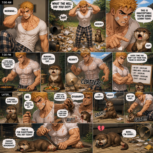 A Young Adult BARA CUTE that is Peach Toned skin not anything else MALE not to detailed Wit h bigger than average Pecs that are visible through the shirt and Biceps and a big Bandaid on his nose and Left Cheek and Right Eye brow with Scars all over his Chest and arms. Wearing a White Baggy Top that is tight around the waist and Athletic shirt drenched in sweat and Short and yellowish orange Hair and Bright Gold Fluffy Hair and Strait with brown eyes and black eyebrows with a Three finger Slash on his Eyebrow. With no Facial Hair. Waking up in the morning in pajamas and his pet otter Excessively bully’s it. And when he sees the otter make a mess everywhere right we’re he left him with trash around him and made a mess. He makes dinner and the Otter doesn’t even eat dinner and cries. And he Tips lamp over. And he Tips lamp over and Every food the otter doesn’t eat there are is discipline. and asks for some and the looses a tail and tries to run under the couch but stops him. And the otter Receives discipline that. All of this is outside. And Excessively bullies him