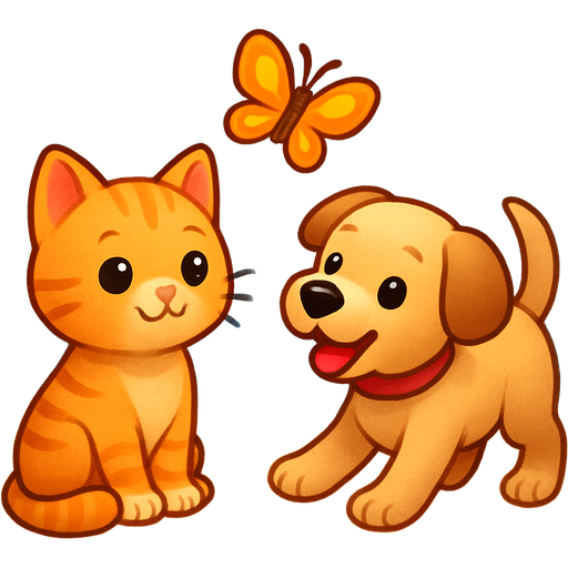 Gör en jättegullig katt och en jättegullig hund som leker med en fjäril på stranden emoji, artistic style