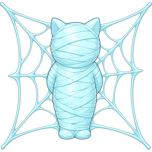 wrapped up and mummified fully covered in a #B8FFFF spider slik cocoon shaped like white cat with arms behind back with #B8FFFF spider slik wrappings completely covered with thick layers non-transparent #B8FFFF spider slik wrappings stuck in #B8FFFF spider web prison