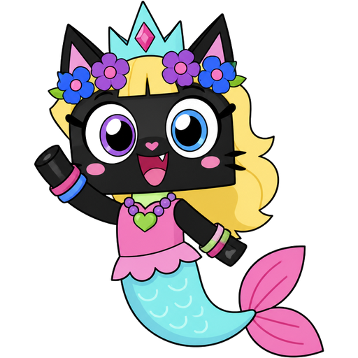 black cat with light yellow hair purple and blue flowers light cyan crown purple and green necklace pink and blue bracelets pink dress attached to long light cyan mermaid tail with pink fins based on unikitty
