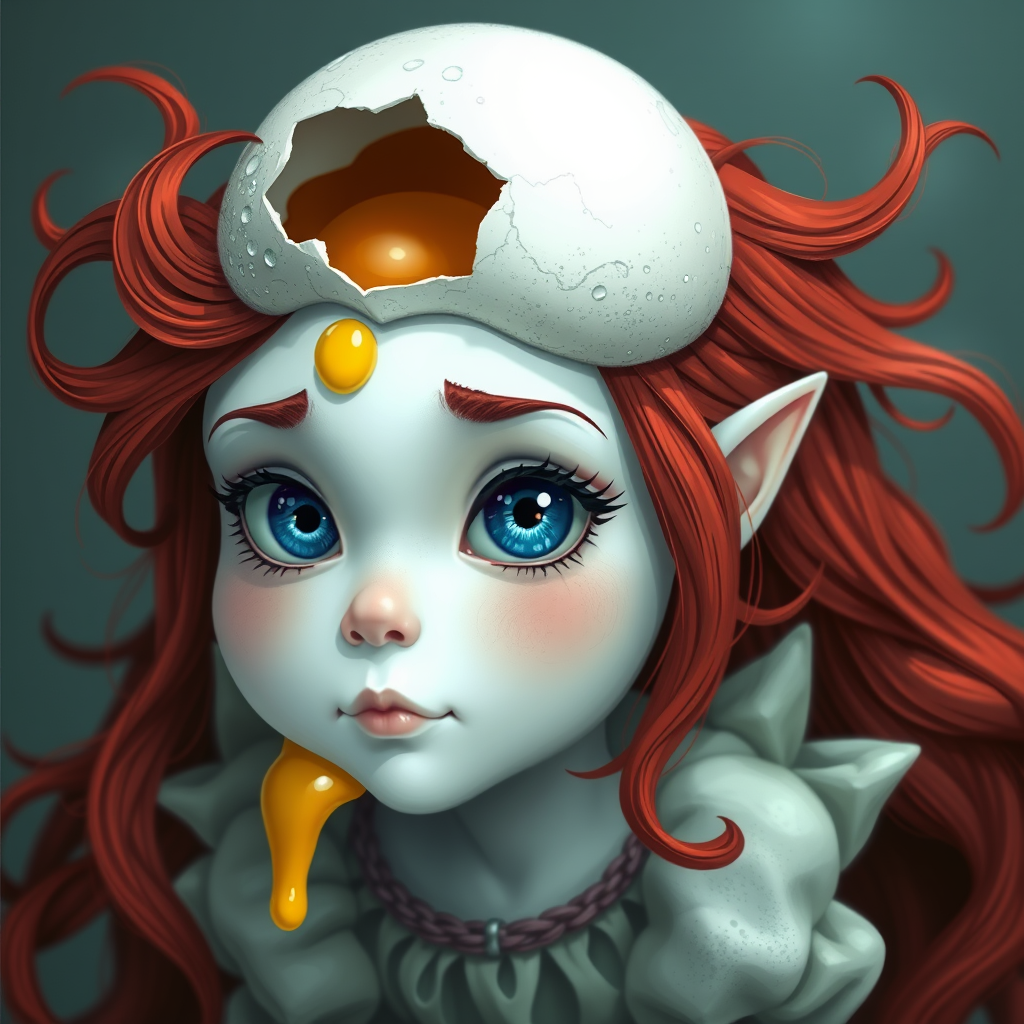 A white girl with red hair and blue eyes the girl has an egg cracked on her head and the egg yolk is dripping down the girl’s face