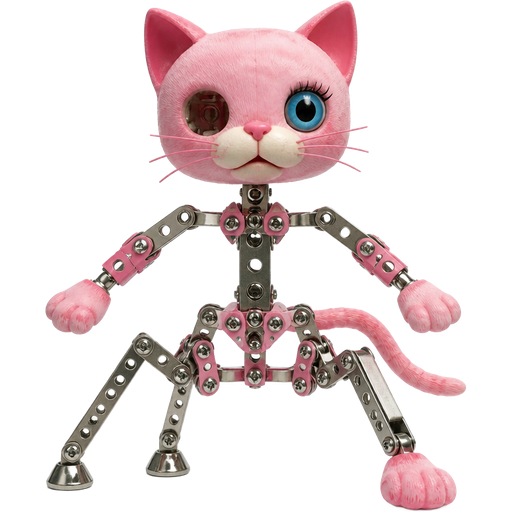 toy pink cat head one of the blue eyes are missing on left toy pink cat paws skeleton like body made of Erector Set pieces toy pink cat tail endoskeleton head with blue doll eye on left eye socket 3 spider like legs made of Erector Set pieces 2 endoskeleton feet 1 toy pink cat foot