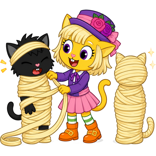 black boy cat furry getting wrapped up and light blonde hair mummified by furry yellow cat anthro with purple eyes light blonde hair purple and pink florist hat and purple florist outfit green and white socks orange boots with buckles light pink skirt with its own light blonde hair 2 light blonde hair mummy shaped like black boy cat furry completely covered with light blonde hair mummy then furry yellow cat anthro with purple eyes light blonde hair purple and pink florist hat and purple florist outfit green and white socks orange boots with buckles light pink skirt next to the light blonde hair mummy happy tree friends cartoon comic version