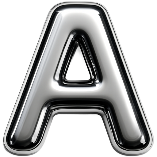 High shine chrome 𝐀. Strong top left light source, medium pillow inflation, high contrast reflection, soft bevel fully rounded