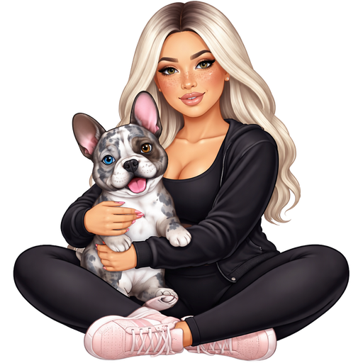 A thicker waisted baddie woman with icy blonde hair parted dark in the middle and grey colored almond shaped and many freckles across the nose sitting in the middle of a yoga pose in black workout clothes open black sweater black tank top covering her stomach and light pink adidas hugging a grey blue spotted merle french bulldog with one blue eye and one brown eye