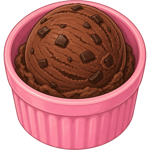 ghibli style | color #FF6EC7 ceramic ramekin | double chocolate ice cream scoop inside ramekin | view: high-angle + front center + close-up