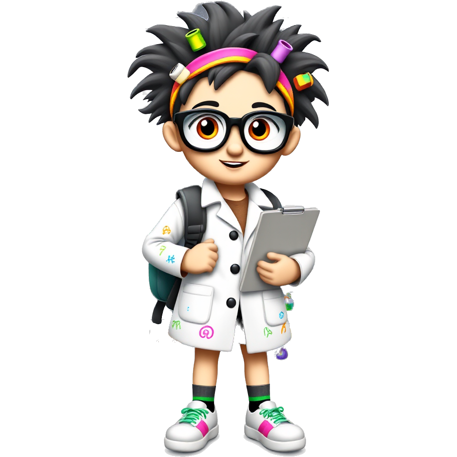 Adorable scientist with oversized glasses, a lab coat covered in colorful doodles, wild, frizzy hair held up by neon-painted clips, and a beaker-shaped backpack. She sports quirky socks, mismatched sneakers, and a vibrant headband. Armed with a clipboard, she playfully mixes potions in a rainbow-colored lab filled with cute critters!