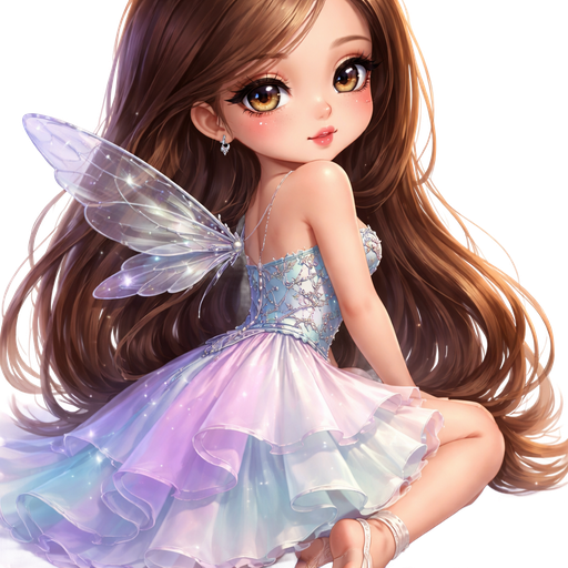 chibi girl: back view sitting looking over shoulder with hair completely swept over shoulder: semi-realistic soft cartoon luxury glam, mini plush Bratz-doll aesthetic, cinematic glow, crisp clean detail, glossy glam skin. brown eyed Petite 5ft girl, fair skin with soft freckles, wide face with tall forehead, honey-brown almond wide-set upturned eyes, fluttery lashes, shimmer highlight, plush lips, bottom heavy lip, sweet Belle-princess vibe, long straight brunette hair with visible caramel highlights, side-part hair all swept to the side over shoulder softly defined feminine body, full round bust, dressed in a pale blue fitted top with silver vine embroidery, flared skirt made of layered chiffon panels in lilac, aqua, and pearl white, delicate wing harness. medium length hair . full body showing. Cozy romantic glow, soft warm lighting, pop-princess energy