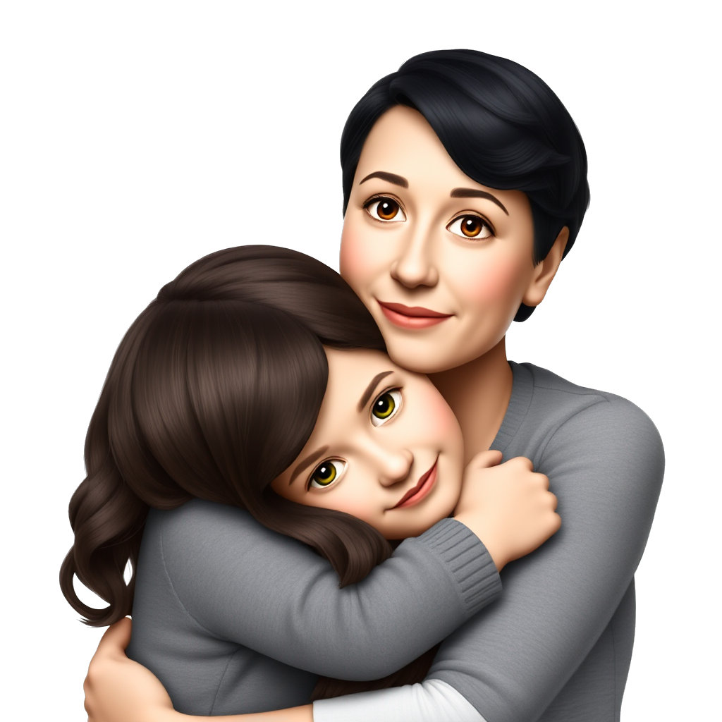 Mom with black short wavy hair, hazel eyes, light skin hugging daughter with long dark brown hair, fair skin, and green eyes